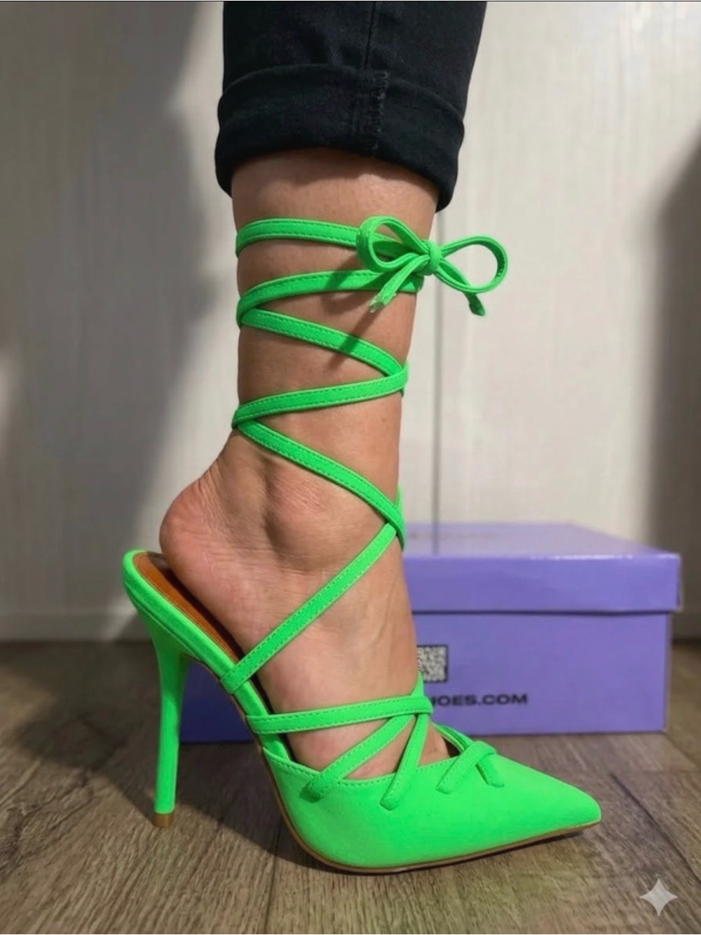 Neon Green Lace-Up Pointed Toe Stiletto Heels - Women's Strappy Pumps